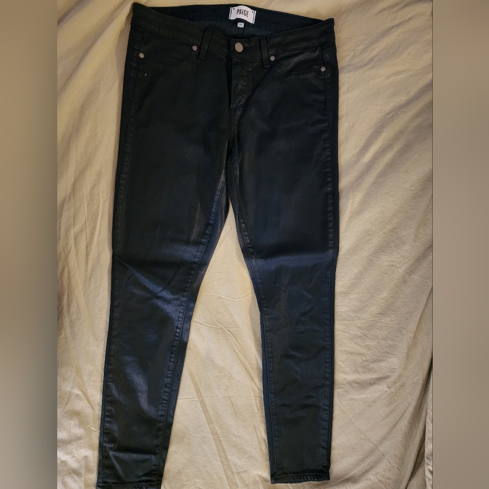 PAIGE skinny jeans. Leather like look, with stretch denim comfort.